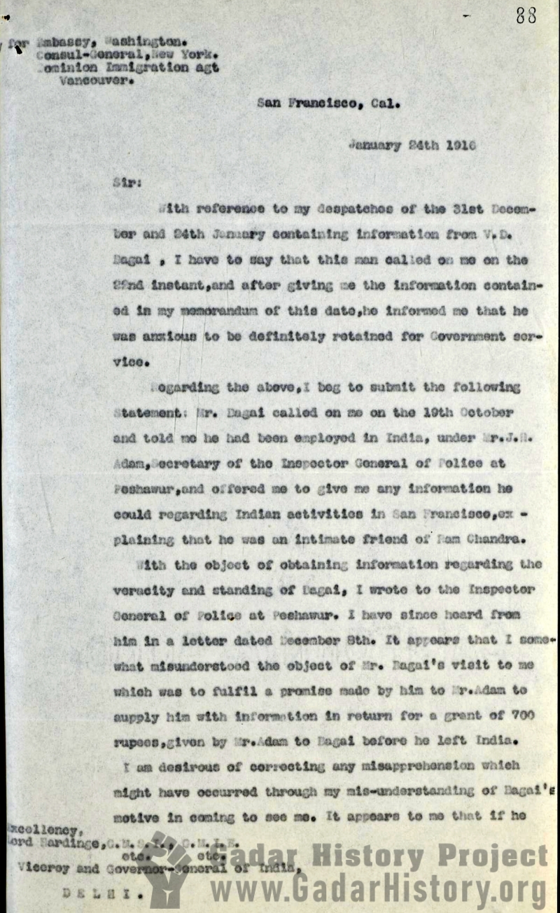 Letter from Carnegie Ross on Vaishno Das Bagai's informant employment