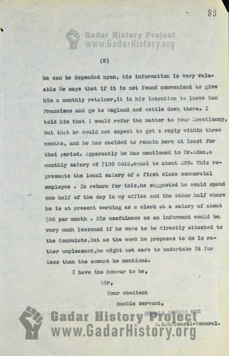 Letter from Carnegie Ross on Vaishno Das Bagai's informant employment