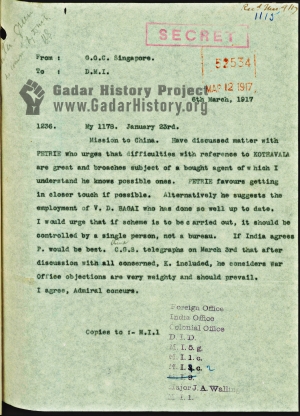 Copy of Letter from Ridout To Pietre admired Bagai's work as a Colonial British Spy