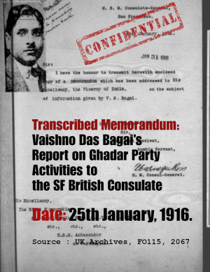 Vaishno Das Bagai’s Report on Gadar Party Activities to the SF British Consulate - 25th January, 1916.
