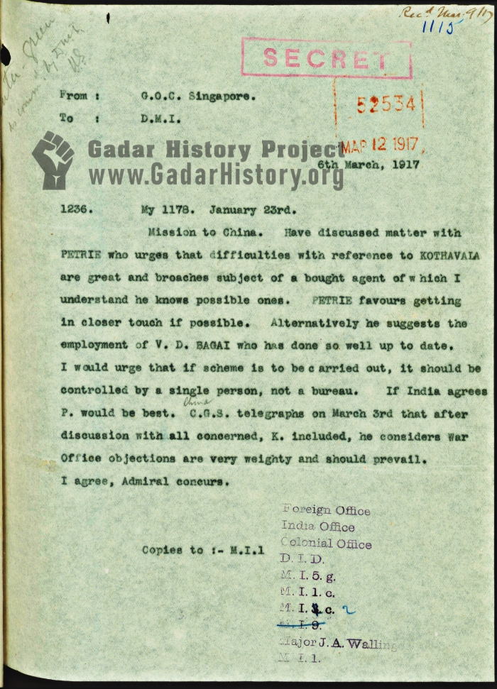 Letter from Ridout to Pietre about Vaishno Das Bagai