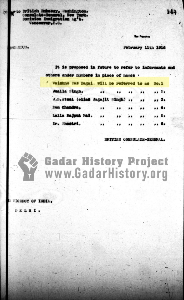 Informant No. 1 list page for Vaishno Das Bagai